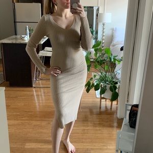 Tan Side Cut Midi Ribbed Dress